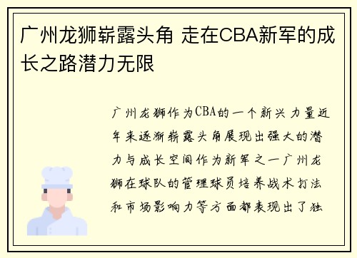 广州龙狮崭露头角 走在CBA新军的成长之路潜力无限